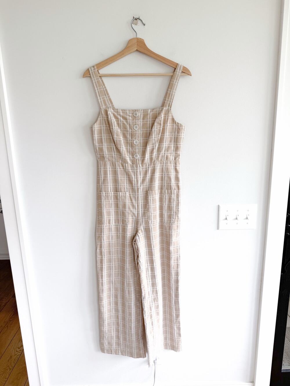 Emory Park Plaid Square Neck Wide Leg Sleeveless Jumpsuit Beige M